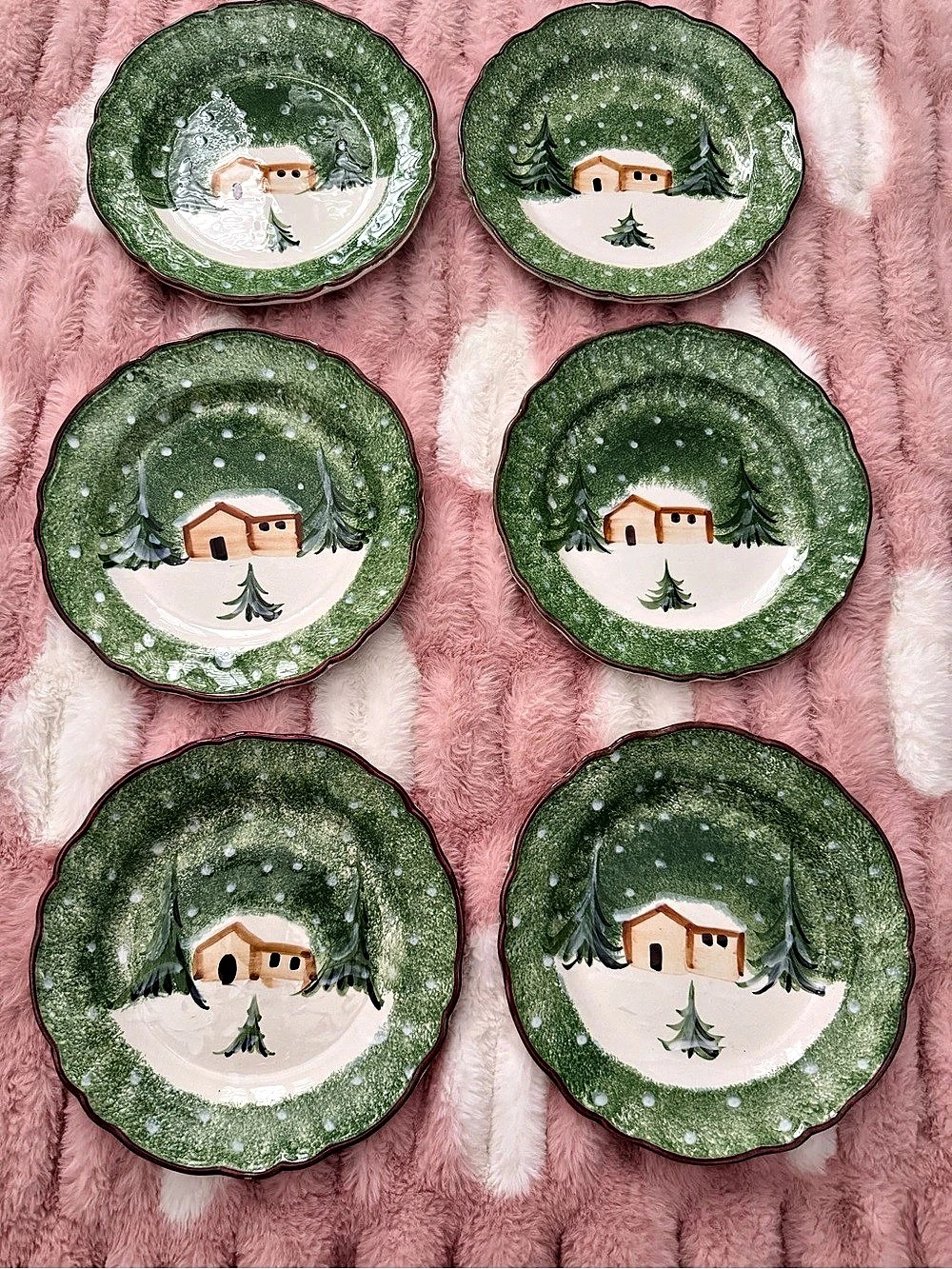 the Cellar Hand painted Italian Winter Village Green 6 Dinner & 6 Salad Plates